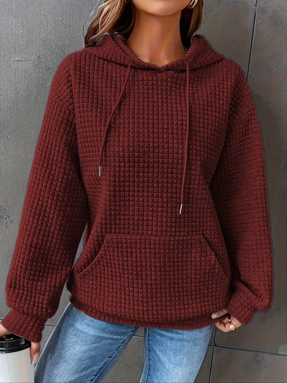 Waffle Knit Drawstring Hoodie