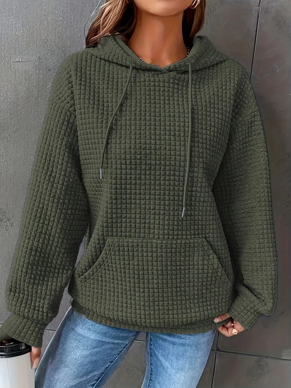 Waffle Knit Drawstring Hoodie