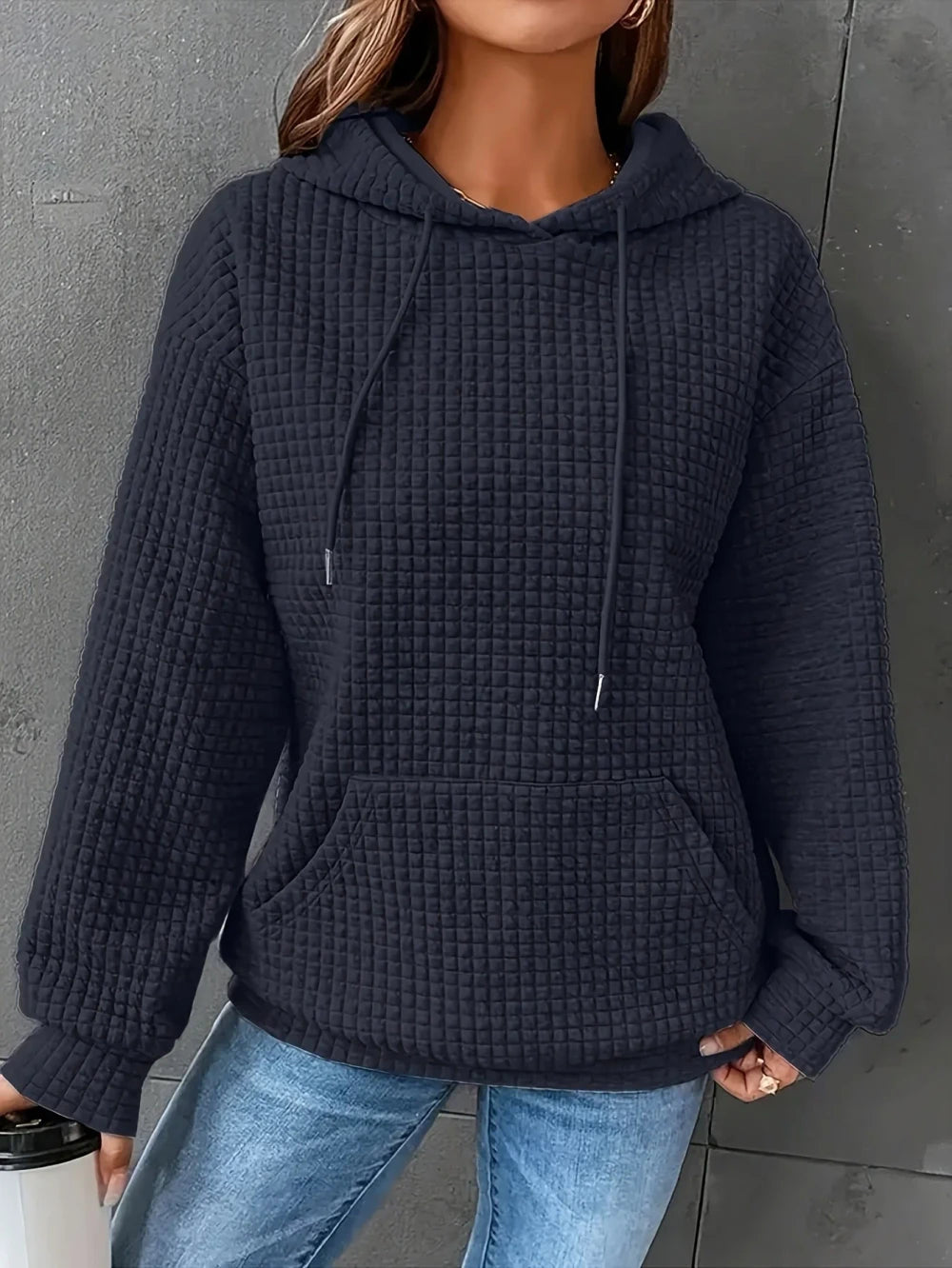 Waffle Knit Drawstring Hoodie