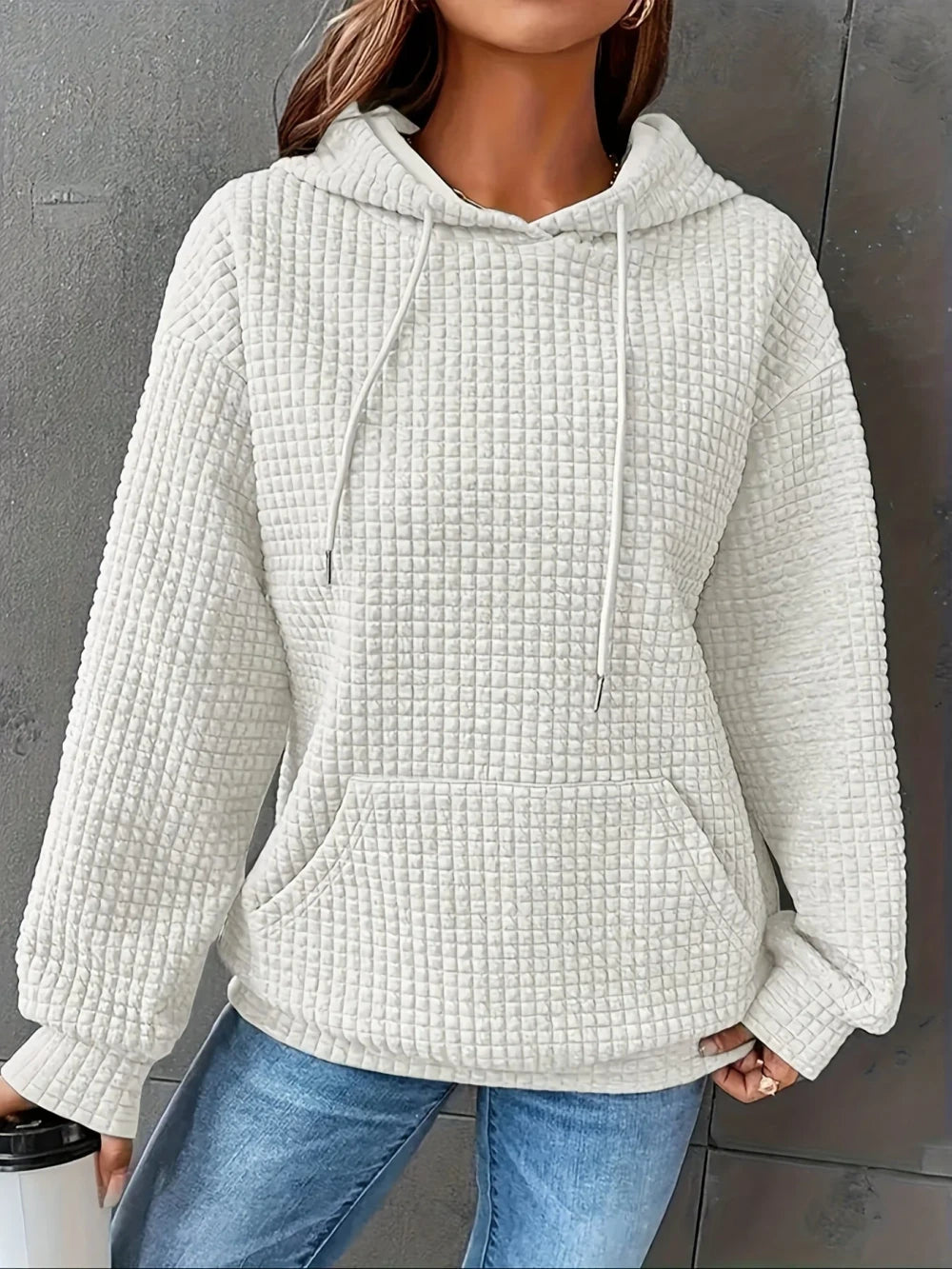 Waffle Knit Drawstring Hoodie