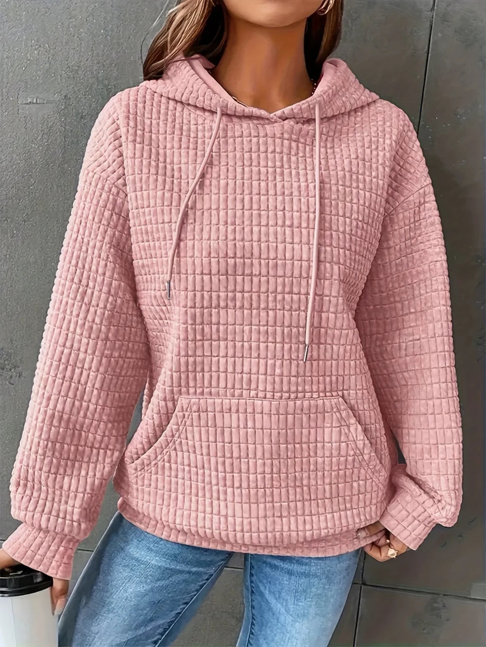 Waffle Knit Drawstring Hoodie