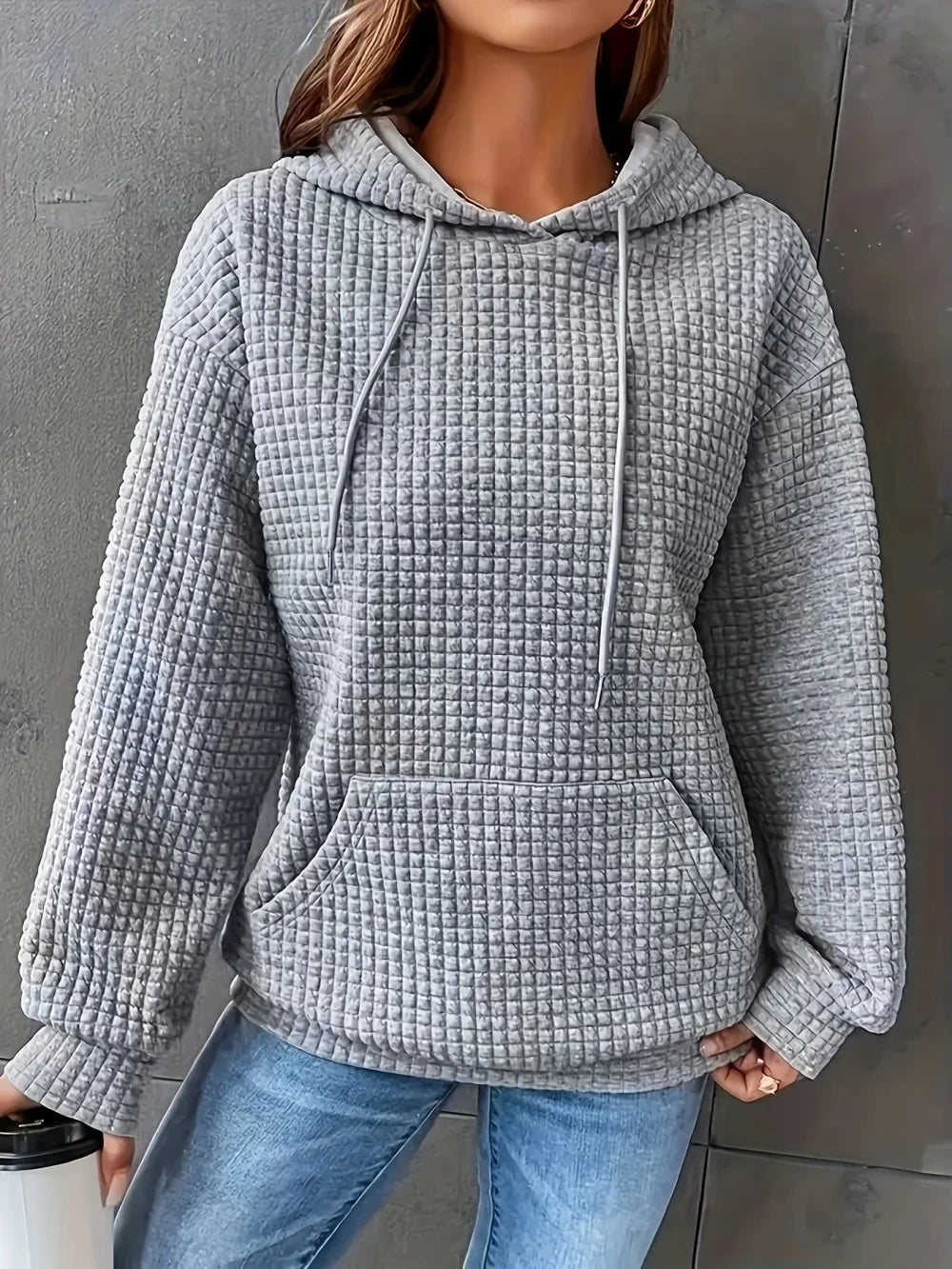 Waffle Knit Drawstring Hoodie