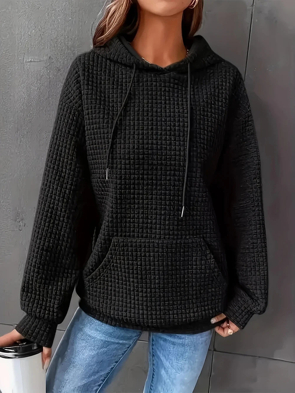 Waffle Knit Drawstring Hoodie